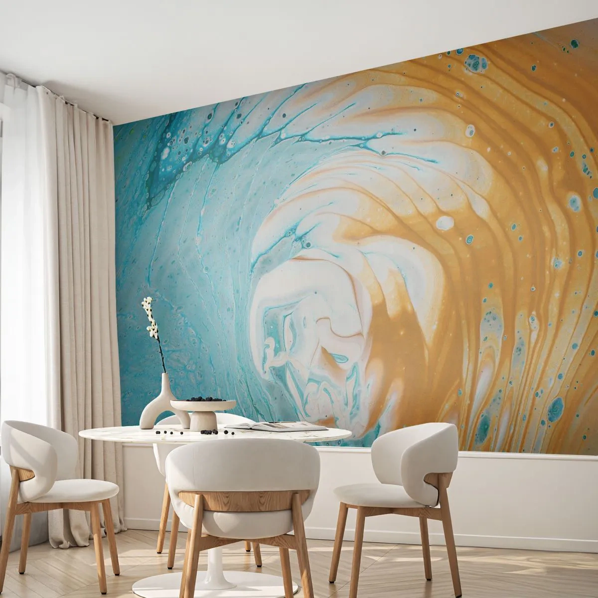 Fototapeta Premium Sand - Abstrakcyjna fala w odcieniach niebieskiego i złota - 100x70cm - Pastelowy wir - Nowoczesna dekoracja ścienna do salonu, kuchni i sypialni ARTTOR