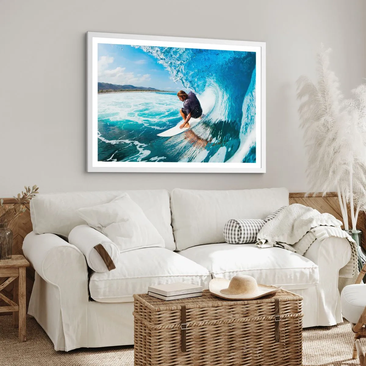 Plakat w białej ramie - Tańczący z falami - 100x70 cm