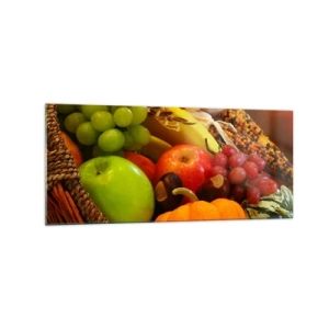 Obraz na szkle - Kosz z owocami, dynią i kukurydzą na tle jesiennych barw - 120x50cm - Koszyk urodzaju - Nowoczesna dekoracja ścienna do salonu i sypialni ARTTOR
