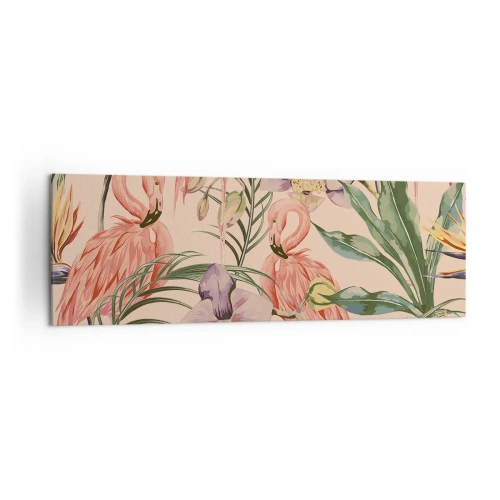 Obraz na płótnie - Flamingi i tropikalne kwiaty na jasnym tle - 160x50cm - Różowy balet w kwiatach - Nowoczesna dekoracja ścienna do salonu i sypialni ARTTOR