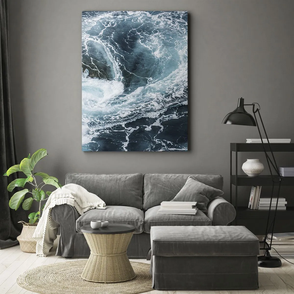 Obraz na płótnie - Dynamiczne fale oceanu w odcieniach błękitu i bieli - 50x70cm - Wrota do wnętrza Ziemi - Nowoczesna dekoracja ścienna do salonu, kuchni i sypialni ARTTOR