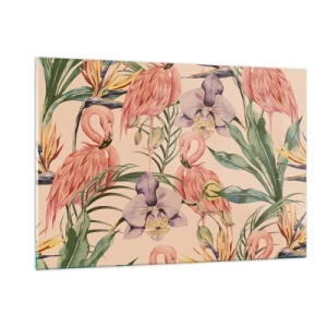 Obraz na szkle - Flamingi w otoczeniu tropikalnych kwiatów i roślin - 120x80cm - Różowy balet w kwiatach - Nowoczesna dekoracja ścienna do salonu, kuchni i sypialni ARTTOR