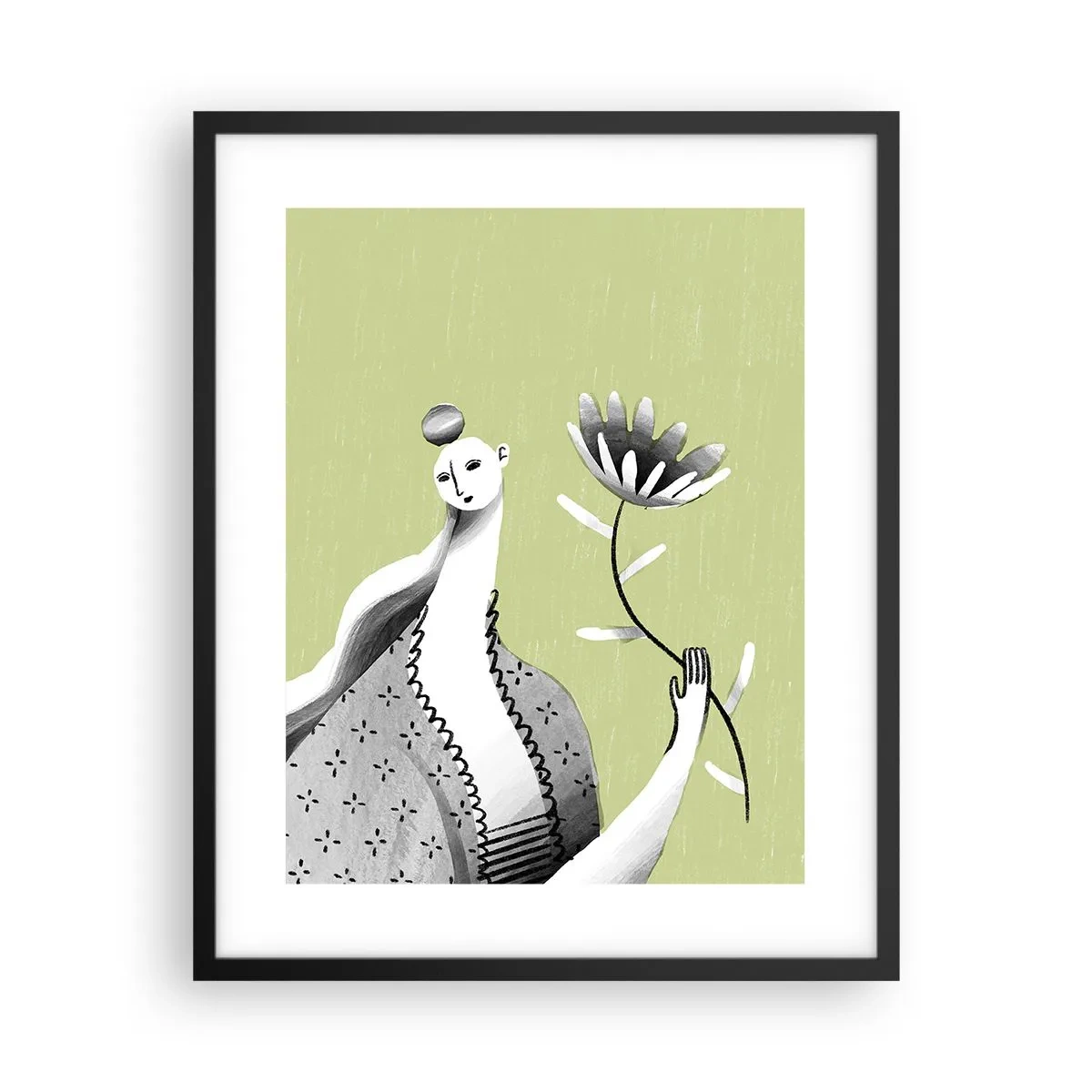 Plakat w czarnej ramie - Portret modernistyczny – trzymająca kwiat - 40x50 cm