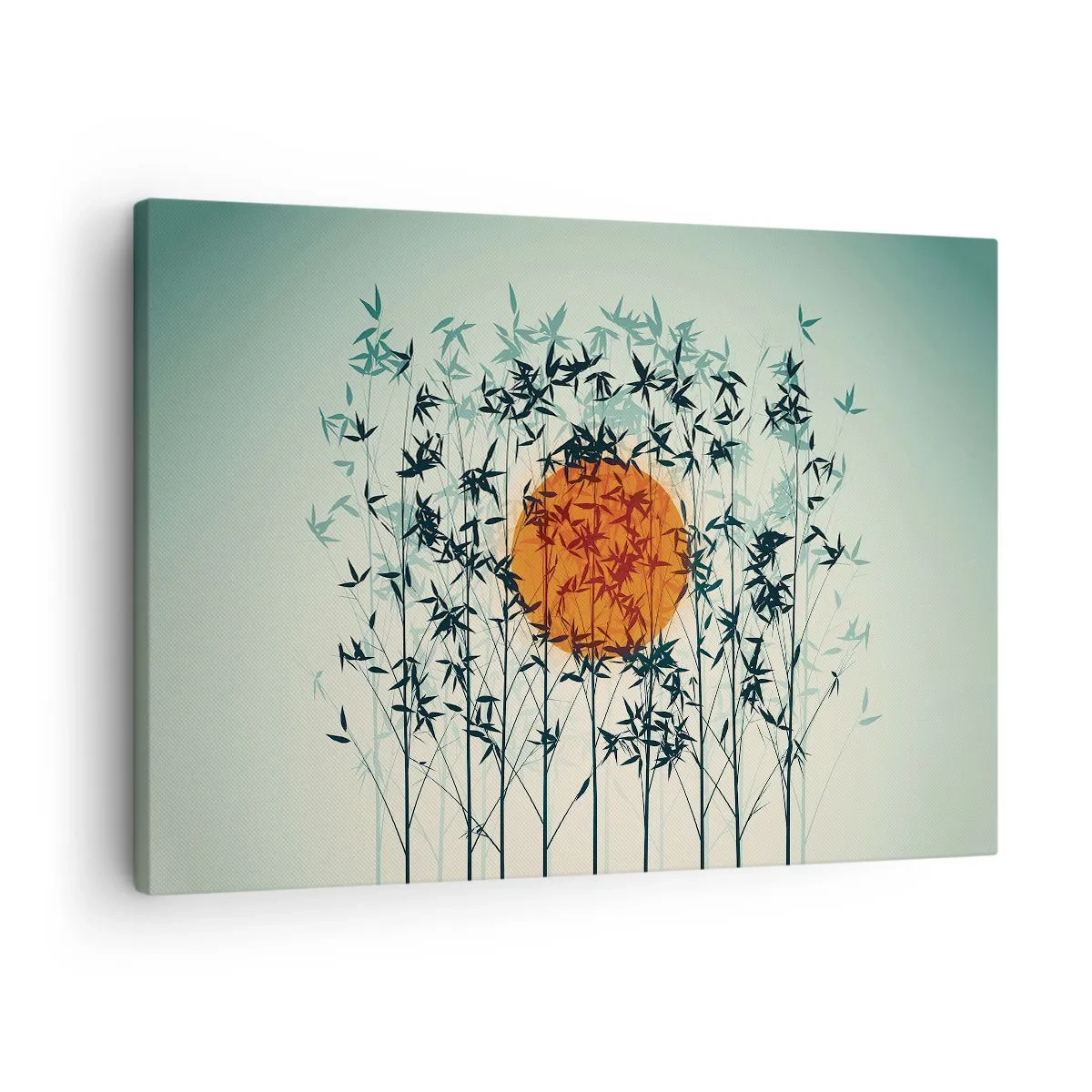 Obraz na płótnie - Pomarańczowe słońce wśród bambusowych gałęzi - 70x50cm - Japońskie słońce - Nowoczesna dekoracja ścienna do salonu i sypialni ARTTOR