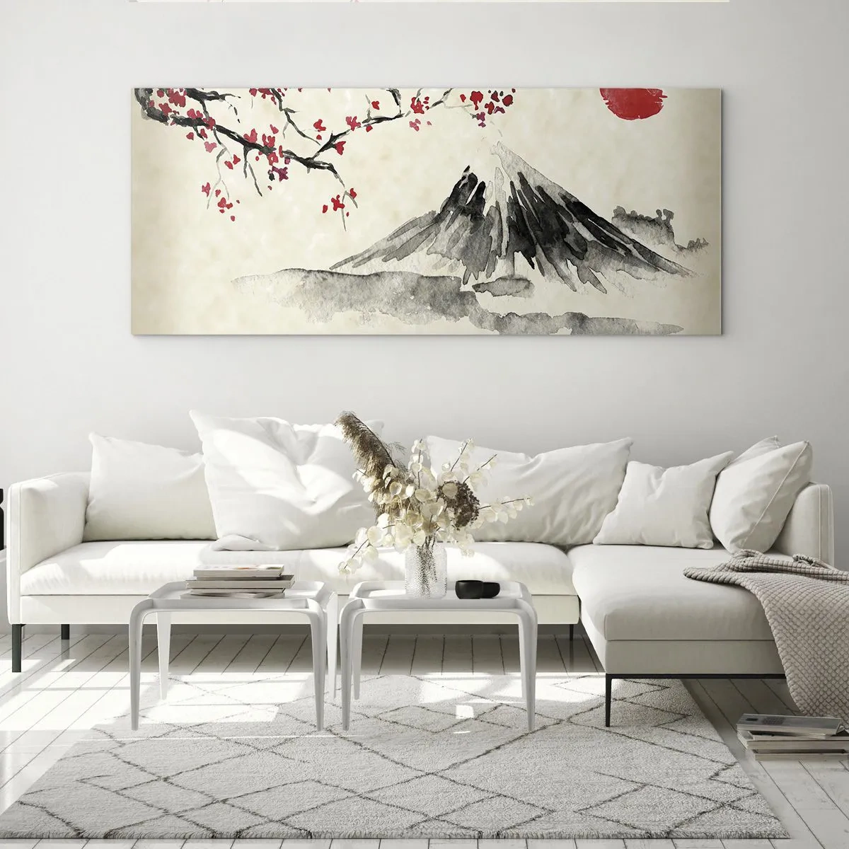Obraz na szkle - Malowniczy krajobraz z górą, kwitnącą wiśnią i słońcem - 140x50cm - Pokochaj Japonię - Nowoczesna dekoracja ścienna do salonu i sypialni ARTTOR