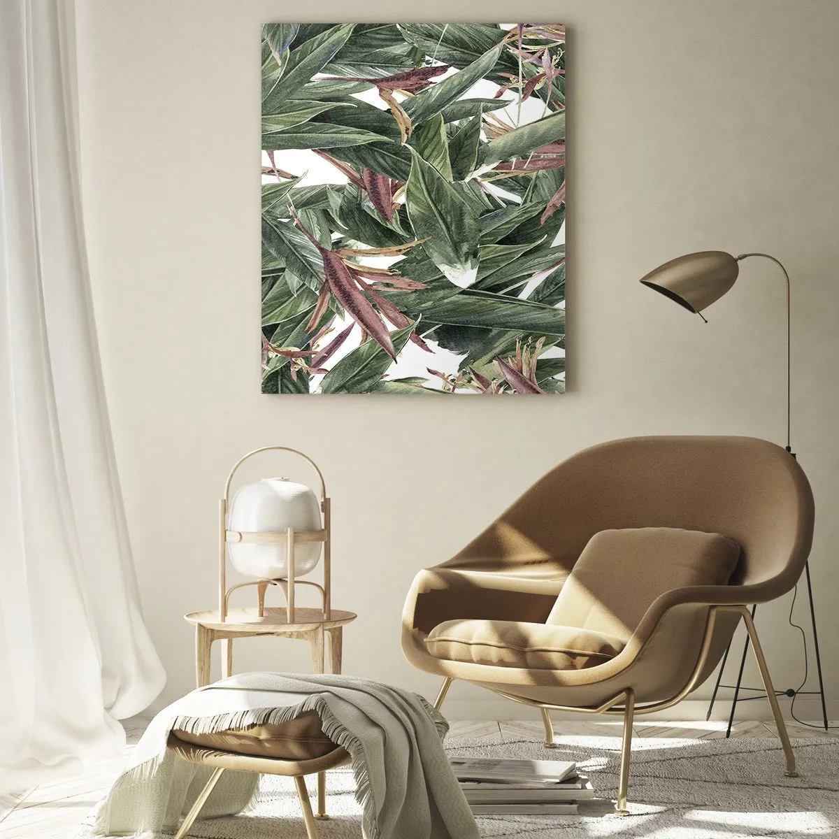 Obraz na szkle - Liście w zielonych i bordowych odcieniach na jasnym tle - 50x70cm - Szmaragdowo-liliowy gąszcz - Nowoczesna dekoracja ścienna do salonu, kuchni i sypialni ARTTOR