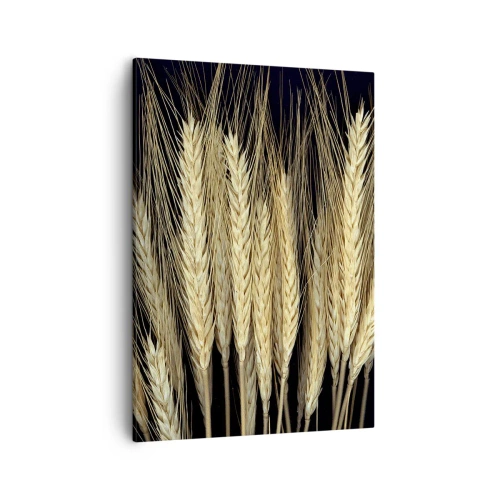Obraz na płótnie - Zbliżenie na złociste kłosy pszenicy na ciemnym tle - 50x70cm - Rustykalna magia - Nowoczesna dekoracja ścienna do salonu, kuchni i sypialni ARTTOR