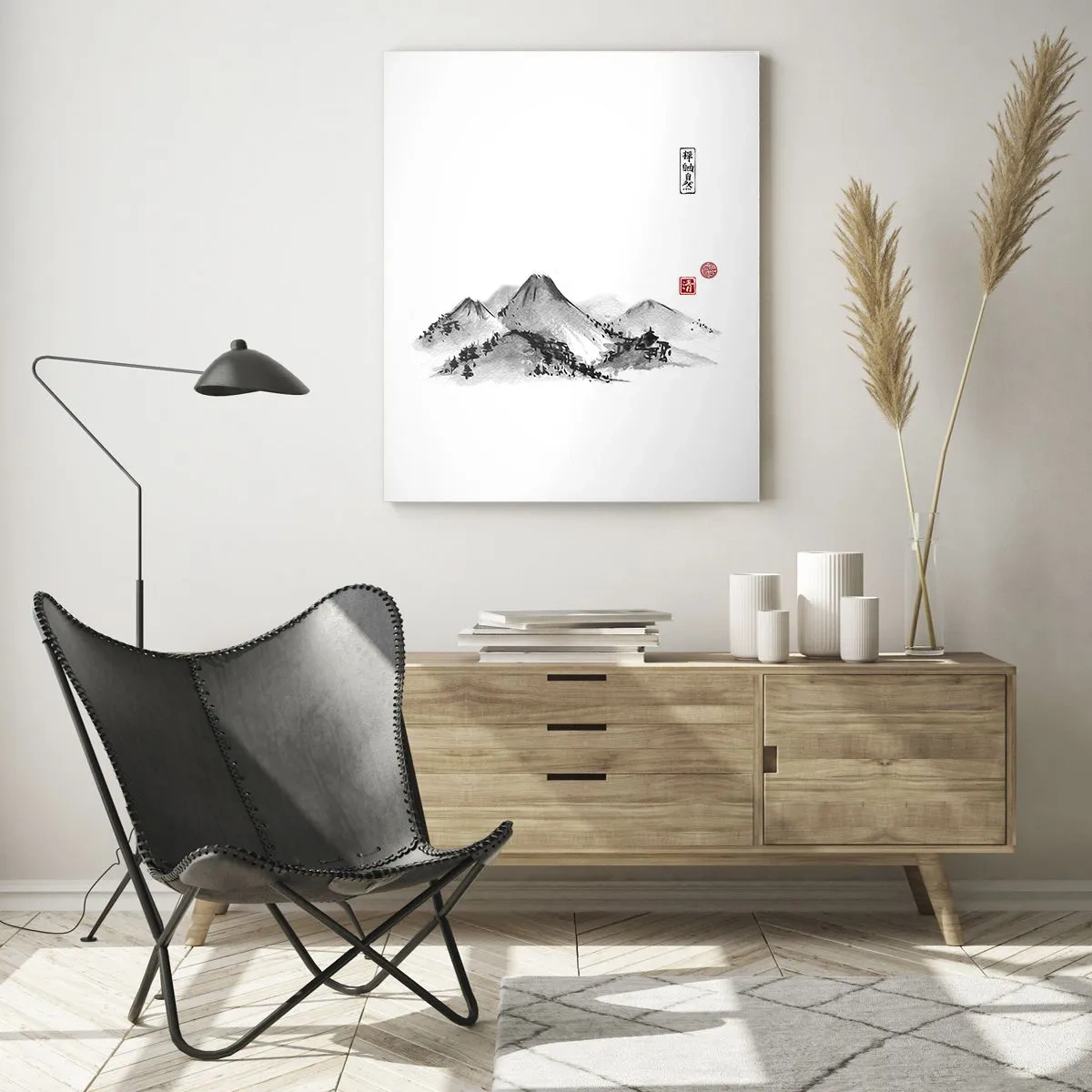 Obraz na szkle - Minimalistyczny pejzaż gór w stylu orientalnym - 50x70cm - Za dalą dal - Nowoczesna dekoracja ścienna do salonu, kuchni i sypialni ARTTOR