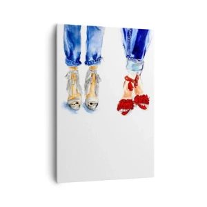 Obraz na płótnie - Ilustracja dwóch par butów w stylowych sandałach i dżinsach - 70x100cm - Może pójdziemy na spacer? - Nowoczesna dekoracja ścienna do salonu i sypialni ARTTOR