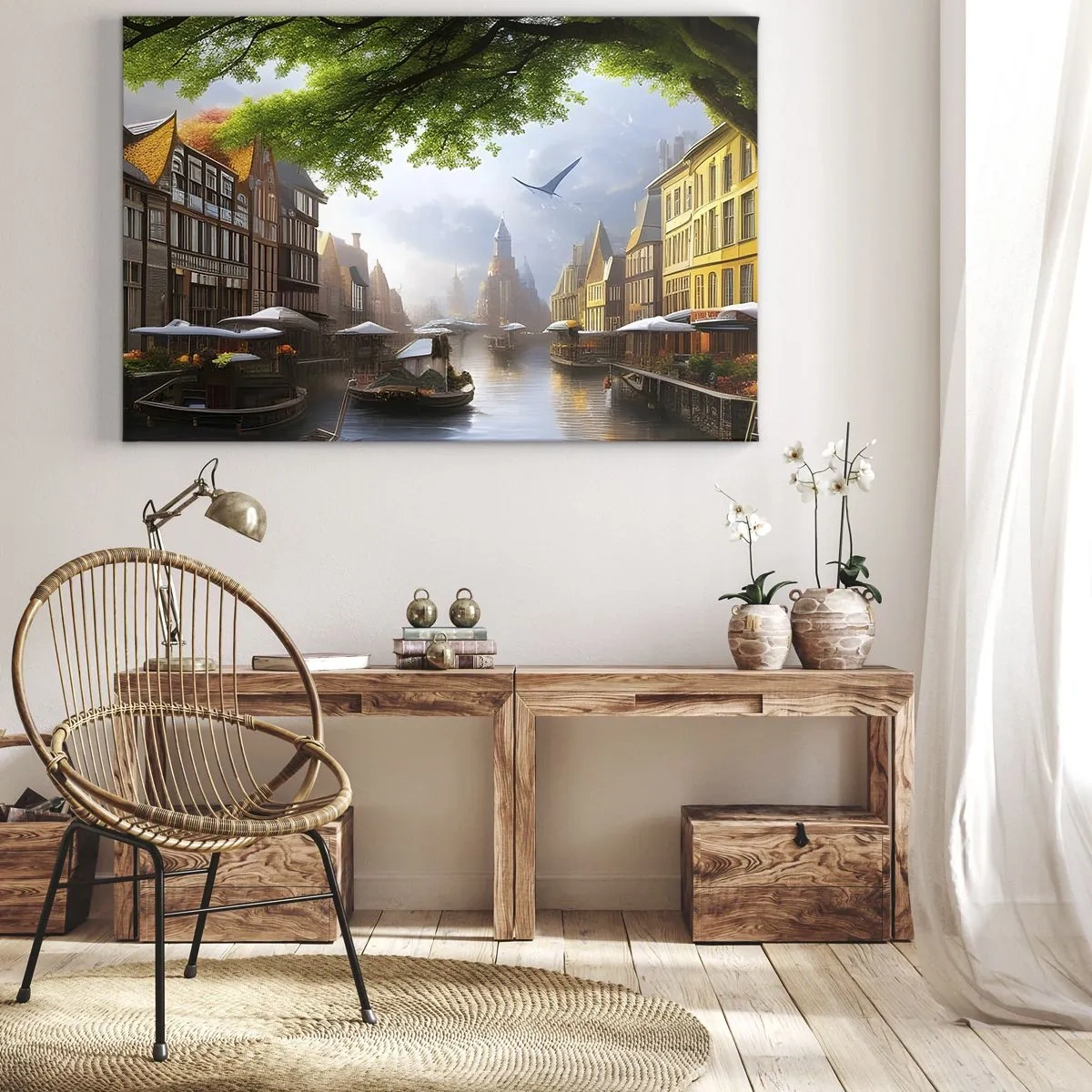 Obraz na płótnie - Malowniczy niderlandzki pejzaż z kanałem i kamienicami - 120x80cm - Niderlandzki pejzaż miejski - Nowoczesna dekoracja ścienna do salonu, kuchni i sypialni ARTTOR