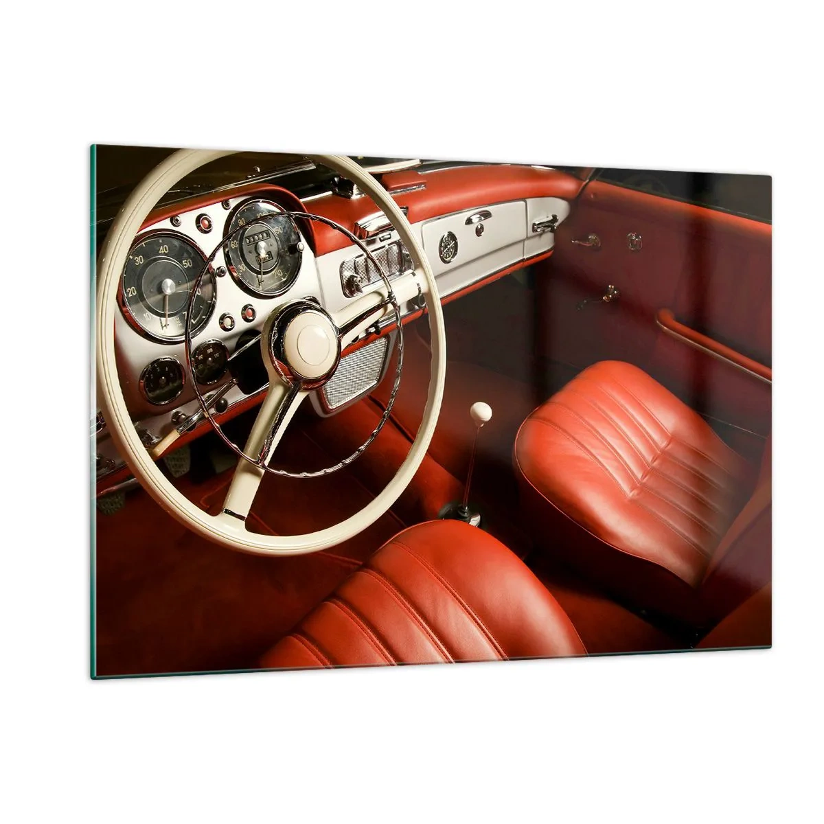 Obraz na szkle - Wnętrze klasycznego samochodu z czerwonymi siedzeniami - 120x80cm - Luksus w stylu vintage - Nowoczesna dekoracja ścienna do salonu, kuchni i sypialni ARTTOR