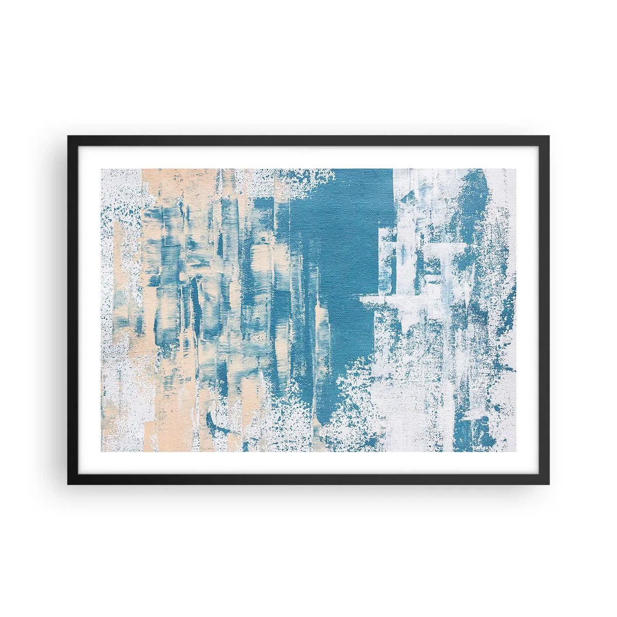 Plakat w czarnej ramie - Abstrakcyjna kompozycja w odcieniach błękitu i bieli - 70x50cm - Przez lodowy sopel - Nowoczesna dekoracja ścienna do salonu i sypialni ARTTOR