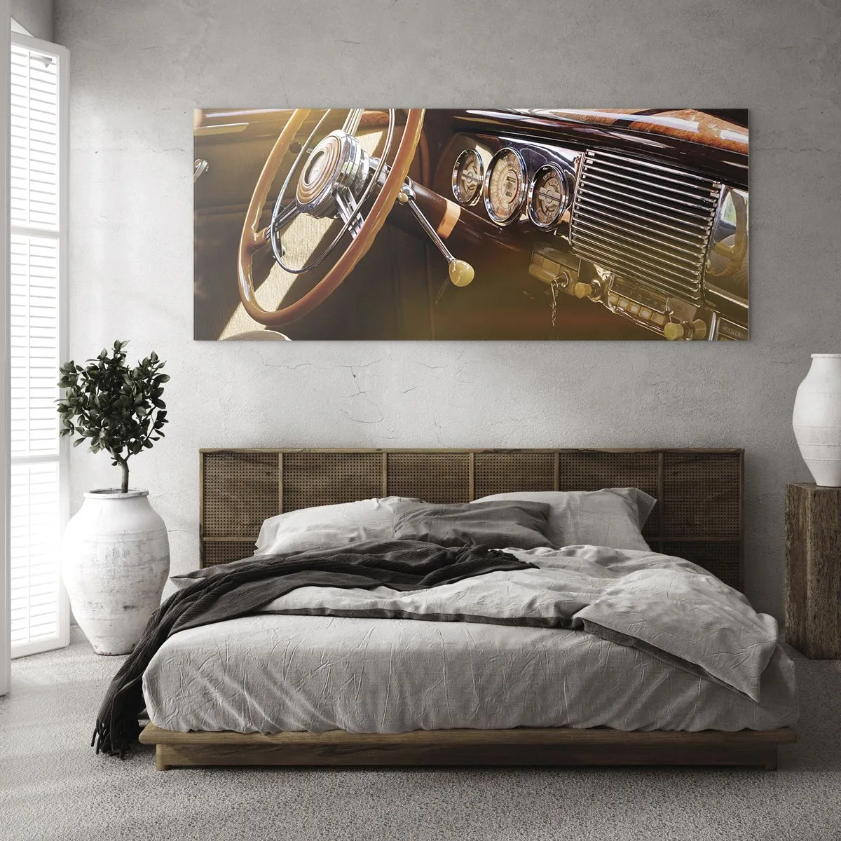 Obraz na szkle - Zbliżenie na wnętrze klasycznego samochodu z drewnianymi i chromowanymi detalami - 160x50cm - Powiew luksusu z przeszłości - Nowoczesna dekoracja ścienna do salonu i sypialni ARTTOR