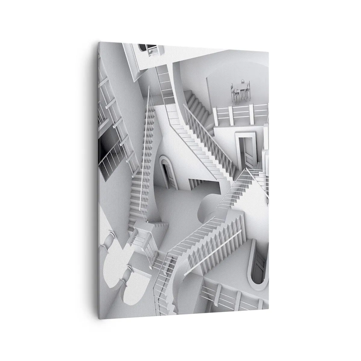 Obraz na płótnie - Abstrakcyjna kompozycja schodów w surrealistycznym układzie przestrzeni - 70x100cm - Paradoksy przestrzeni - Nowoczesna dekoracja ścienna do salonu i sypialni ARTTOR