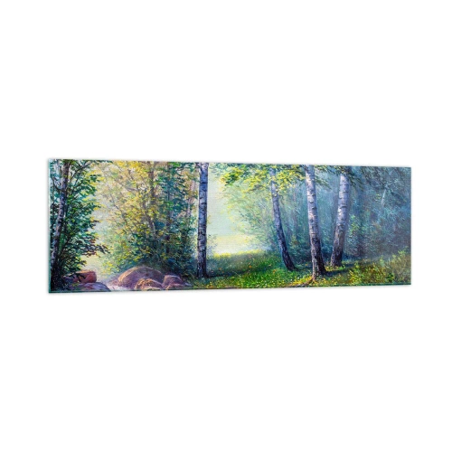 Obraz na szkle - Leśny strumyk otoczony brzozami i słońcem - 160x50cm - Sielankowa sceneria - Nowoczesna dekoracja ścienna do salonu i sypialni ARTTOR