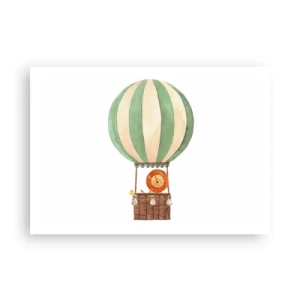 Plakat - Balon z uśmiechniętym lwem w koszu w pastelowych barwach - 100x70cm - Podróże Leona - Nowoczesna dekoracja ścienna do salonu i sypialni ARTTOR
