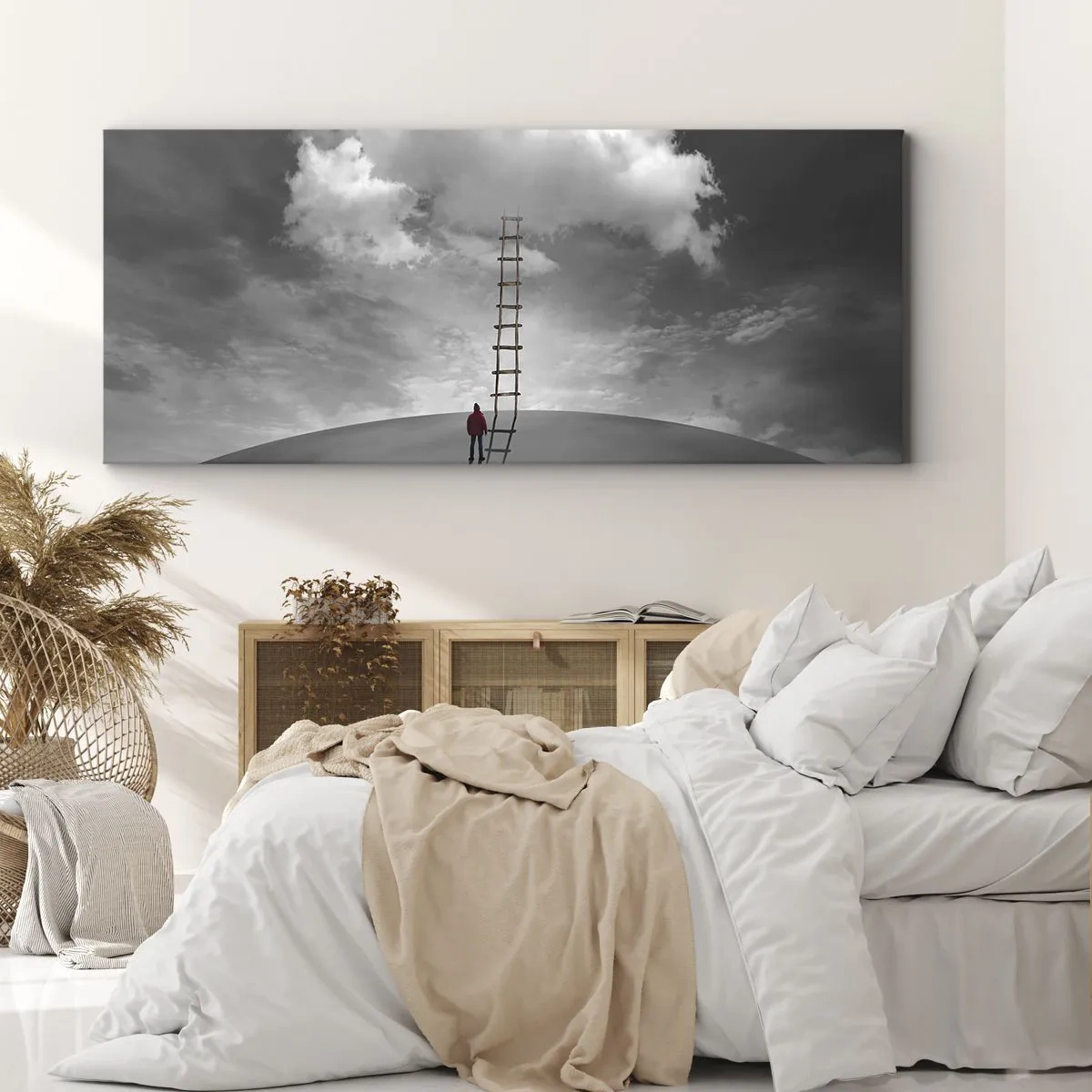 Obraz na płótnie - Osoba w czerwonym płaszczu i drabina prowadząca do chmury - 120x50cm - Wszystko możliwe - Nowoczesna dekoracja ścienna do salonu i sypialni ARTTOR