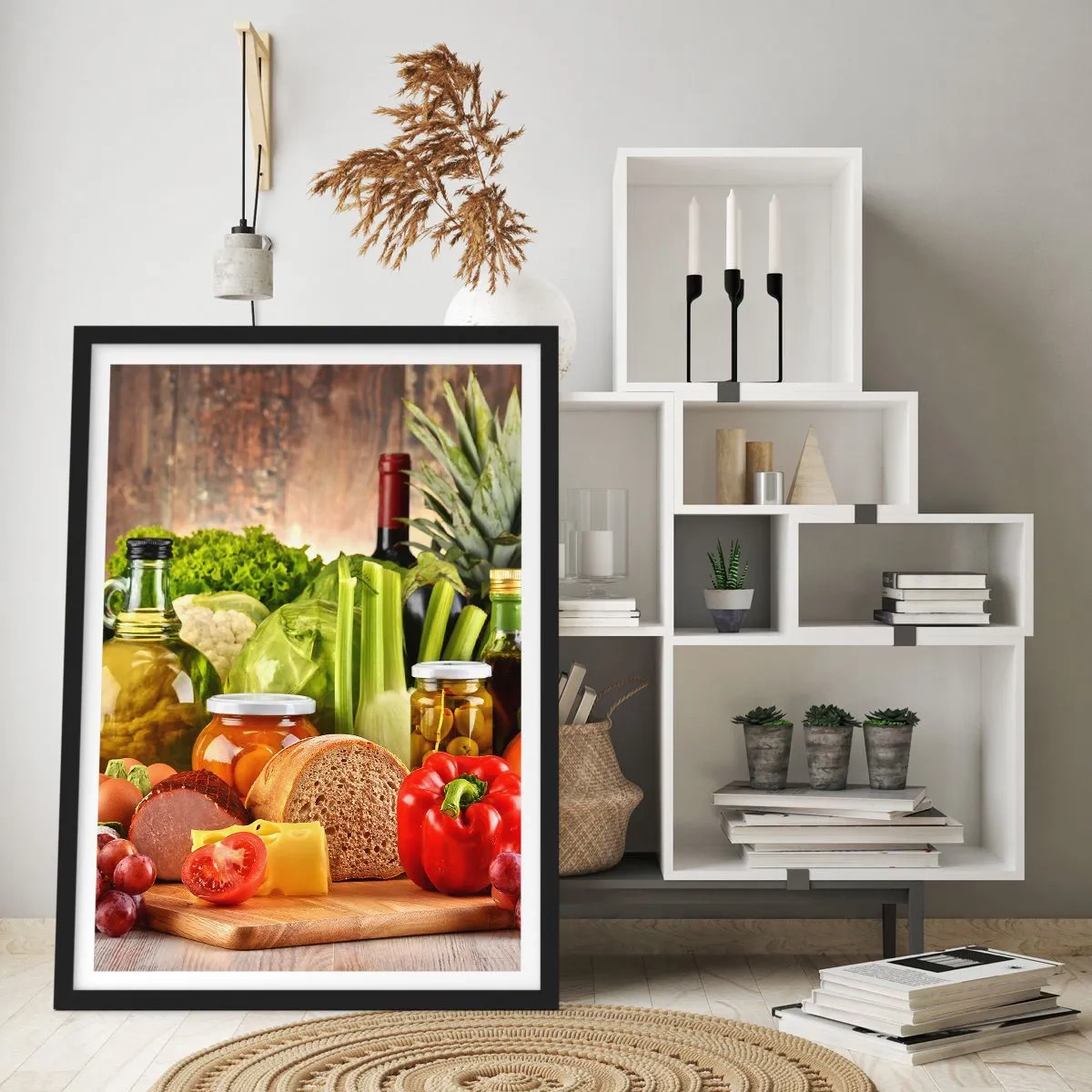 Plakat w czarnej ramie - Kolorowe warzywa i produkty spożywcze na drewnianym tle - 50x70cm - Wędzone, pieczone, marynowane - Nowoczesna dekoracja ścienna do salonu i sypialni ARTTOR