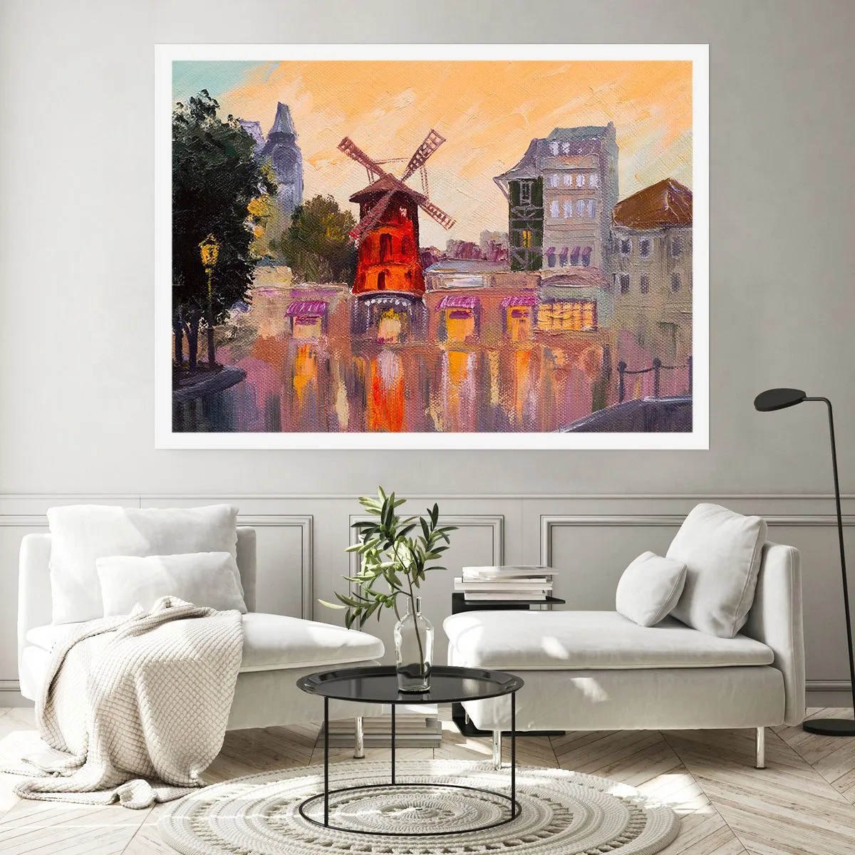 Plakat - Czerwony wiatrak Moulin Rouge otoczony miejskim pejzażem - 100x70cm - Paryskie ikony – Moulin Rouge - Nowoczesna dekoracja ścienna do salonu i sypialni ARTTOR