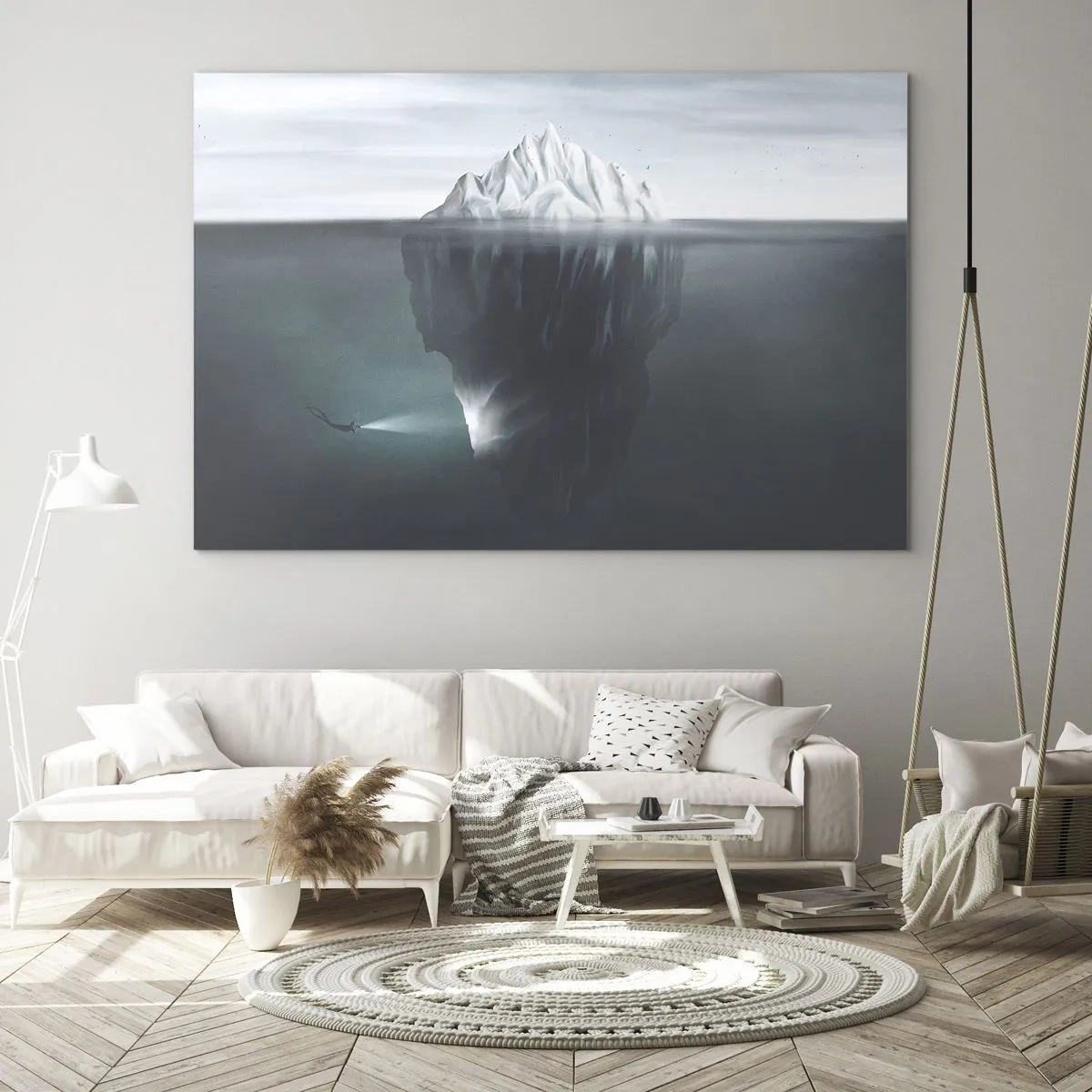 Obraz na szkle - Góry lodowej z nurkiem eksplorującym podwodną część - 70x50cm - Podwodna tajemnica - Nowoczesna dekoracja ścienna do salonu i sypialni ARTTOR