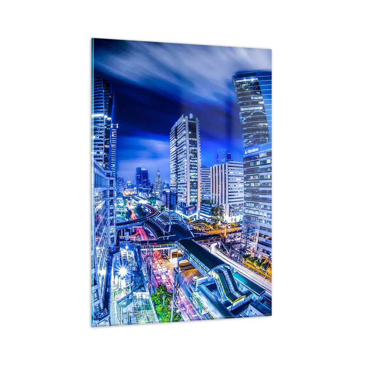 Obraz na szkle - Panorama nowoczesnego miasta nocą z jasnymi światłami - 50x70cm - Rytmy nocnego miasta - Nowoczesna dekoracja ścienna do salonu, kuchni i sypialni ARTTOR
