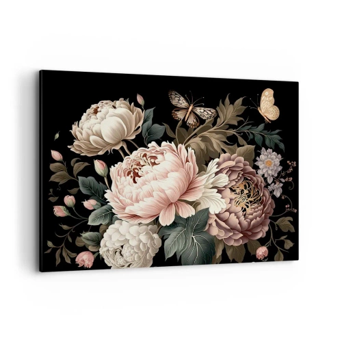 Obraz na płótnie - Bukiet różowych kwiatów i motyli na czarnym tle - 100x70cm - W barokowym stylu - Nowoczesna dekoracja ścienna do salonu, kuchni i sypialni ARTTOR