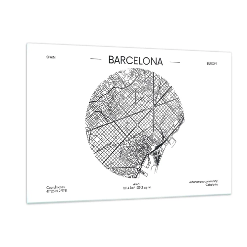 Obraz na szkle - Minimalistyczna mapa Barcelony w czarno-białej estetyce - 120x80cm - Anatomia Barcelony - Nowoczesna dekoracja ścienna do salonu, kuchni i sypialni ARTTOR