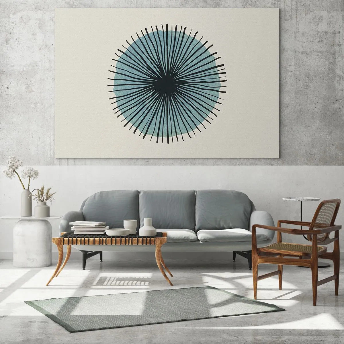 Obraz na szkle - Geometryczny wzór w odcieniach turkusu i czerni - 70x50cm - Promieniście na błękicie - Nowoczesna dekoracja ścienna do salonu i sypialni ARTTOR