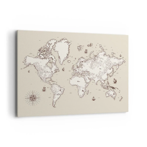 Obraz na płótnie - Stylizowana mapa świata w odcieniach beżu i brązu - 100x70cm - Podróż dookoła świata - Nowoczesna dekoracja ścienna do salonu, kuchni i sypialni ARTTOR