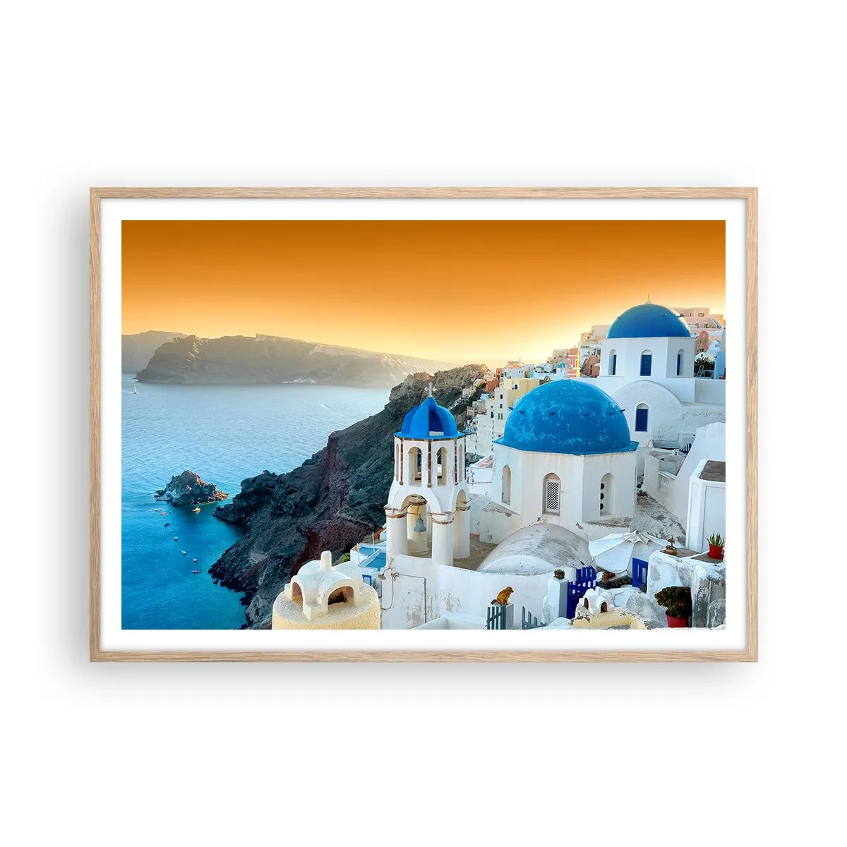 Plakat w ramie jasny dąb - Santorini - przytulone do skał - 100x70 cm