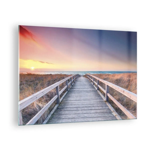 Obraz na szkle - Drewniany pomost prowadzący na plażę o zachodzie słońca - 70x50cm - Bałtycka wieczorna zorza - Nowoczesna dekoracja ścienna do salonu i sypialni ARTTOR