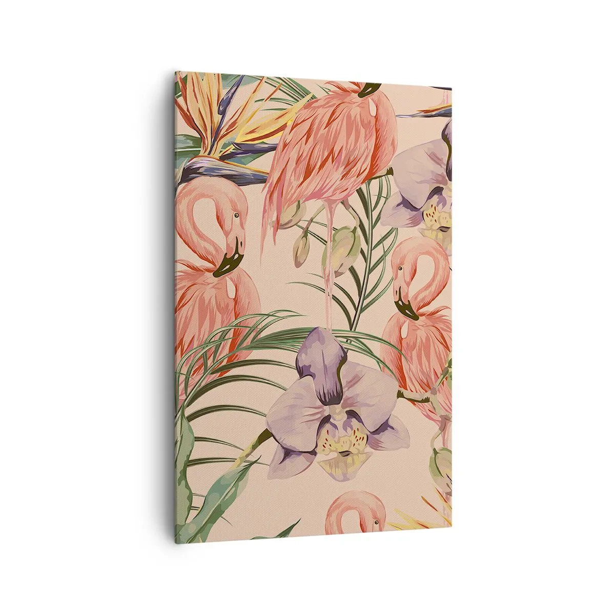 Obraz na płótnie - Flamingi i tropikalne kwiaty na jasnym tle - 80x120cm - Różowy balet w kwiatach - Nowoczesna dekoracja ścienna do salonu i sypialni ARTTOR