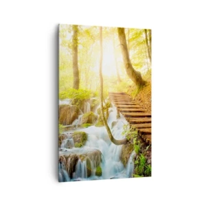 Obraz na płótnie - Leśna ścieżka z drewnianymi schodami przy wodospadzie - 80x120cm - Upragniony chłód - Nowoczesna dekoracja ścienna do salonu i sypialni ARTTOR