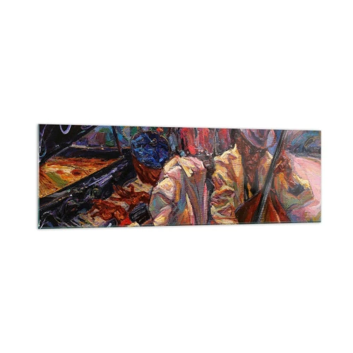 Obraz na szkle - Energetyczna scena jazzowa z muzykami i instrumentami - 160x50cm - W jednym rytmie - Nowoczesna dekoracja ścienna do salonu i sypialni ARTTOR