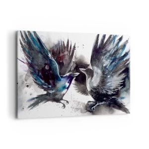 Obraz na płótnie - Artystyczne kruki w dynamicznej kompozycji akwarelowej - 120x80cm - Kruk krukowi… - Nowoczesna dekoracja ścienna do salonu, kuchni i sypialni ARTTOR