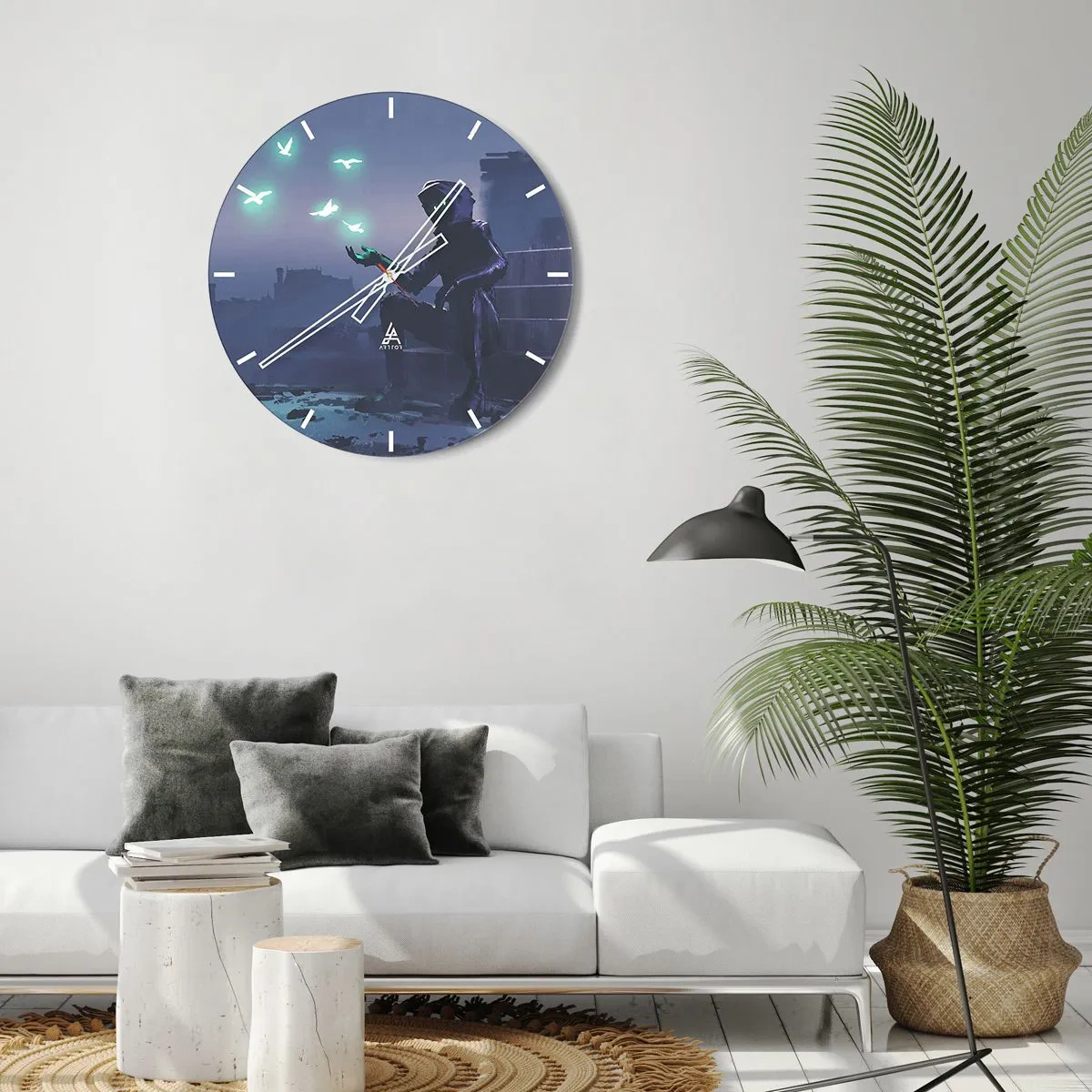 Zegar ścienny - Postać w mroku z neonowymi ptakami w tle - 30x30cm - Życie powróci - Nowoczesna dekoracja ścienna do salonu, kuchni i sypialni ARTTOR