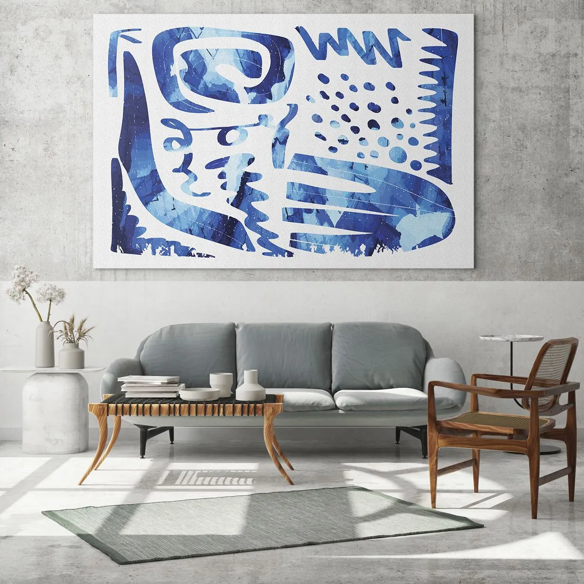 Obraz na szkle - Dynamiczna niebieska abstrakcja z geometrycznymi formami - 120x80cm - Powrót do korzeni - Nowoczesna dekoracja ścienna do salonu, kuchni i sypialni ARTTOR