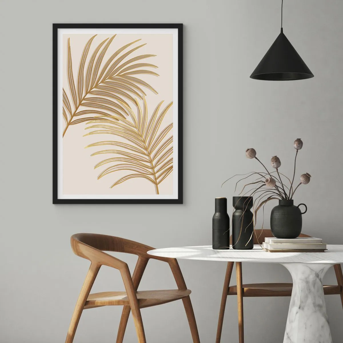 Plakat w czarnej ramie - Złote liście palmy w minimalistycznym stylu na jasnym tle - 50x70cm - Złota Palma! - Nowoczesna dekoracja ścienna do salonu i sypialni ARTTOR