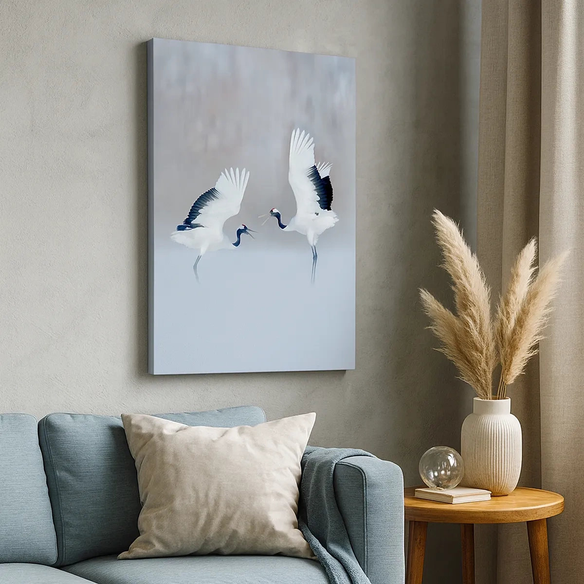 Obraz na płótnie - Dwie żurawie mandżurskie w tańcu na tle zimowego krajobrazu - 50x70cm - Taniec we mgle - Nowoczesna dekoracja ścienna do salonu, kuchni i sypialni ARTTOR