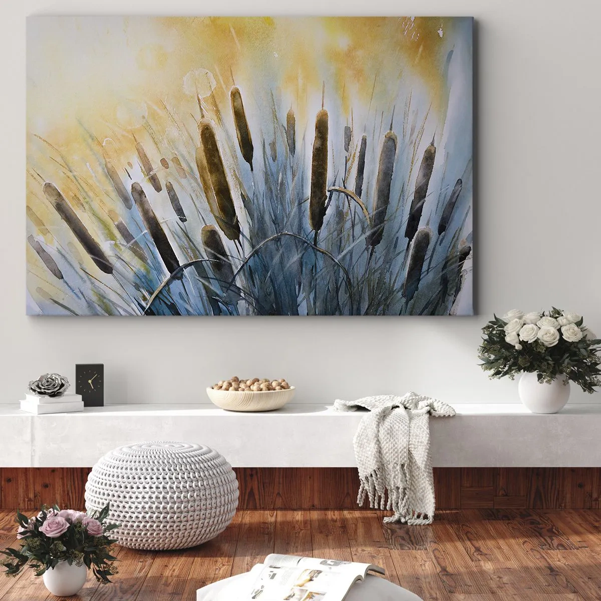 Obraz na płótnie - Malownicze trzciny w promieniach słońca - 70x50cm - Chłód wody, słońca żar - Nowoczesna dekoracja ścienna do salonu i sypialni ARTTOR