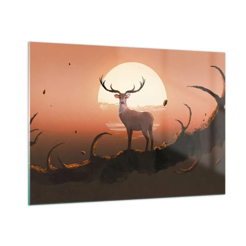 Obraz na szkle - Sylwetka jelenia na tle dużego księżyca w otoczeniu gałęzi - 100x70cm - Ta noc do innych jest niepodobna - Nowoczesna dekoracja ścienna do salonu, kuchni i sypialni ARTTOR