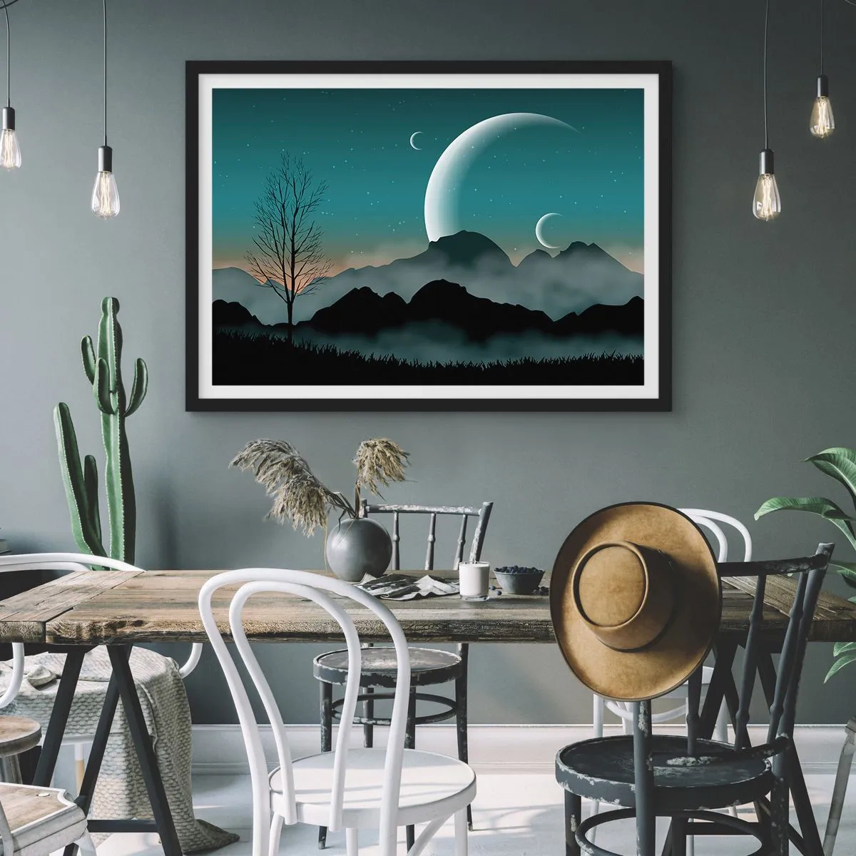 Plakat w czarnej ramie - Mgliste góry z księżycem i samotnym drzewem - 70x50cm - Karnawał gwiaździstej nocy - Nowoczesna dekoracja ścienna do salonu i sypialni ARTTOR
