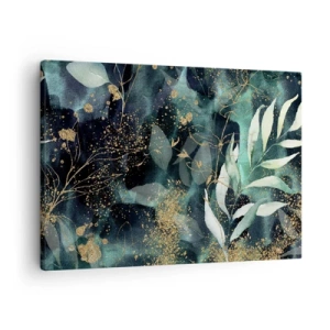 Obraz na płótnie - Eleganckie liście na ciemnym tle z złotymi akcentami - 70x50cm - Zaczarowany ogród - Nowoczesna dekoracja ścienna do salonu i sypialni ARTTOR