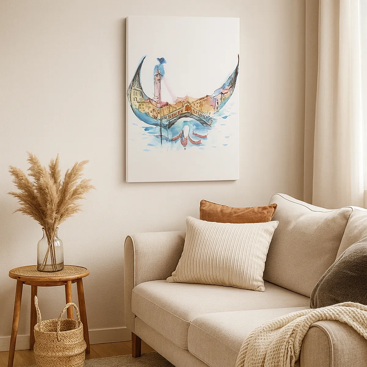 Obraz na płótnie - Akwarelowa maska karnawałowa z pejzażem Wenecji i gondolami - 50x70cm - Płyniemy przez miasto - Nowoczesna dekoracja ścienna do salonu, kuchni i sypialni ARTTOR