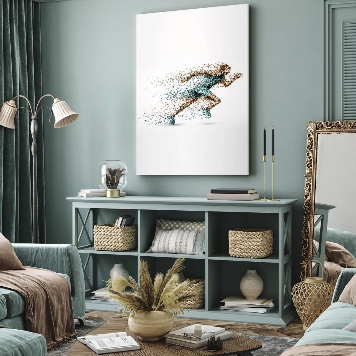Obraz na płótnie - Sylwetka biegacza rozpadająca się na cząsteczki - 50x70cm - Życie to bieg - Nowoczesna dekoracja ścienna do salonu, kuchni i sypialni ARTTOR