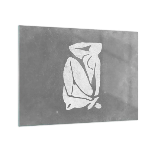 Obraz na szkle - Minimalistyczna sylwetka kobiety na szarym tle - 70x50cm - W zamyśleniu - Nowoczesna dekoracja ścienna do salonu i sypialni ARTTOR