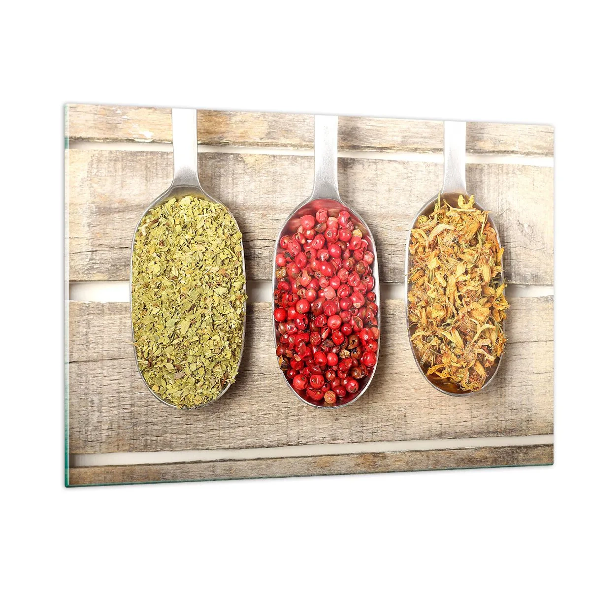 Obraz na szkle - Trzy łyżki z przyprawami na drewnianym tle w stylu rustykalnym - 120x80cm - Kuchenna magia - Nowoczesna dekoracja ścienna do salonu, kuchni i sypialni ARTTOR
