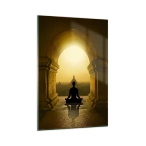 Obraz na szkle - Sylwetka medytującej osoby w świetle zachodzącego słońca - 80x120cm - Pełna harmonia - Nowoczesna dekoracja ścienna do salonu i sypialni ARTTOR