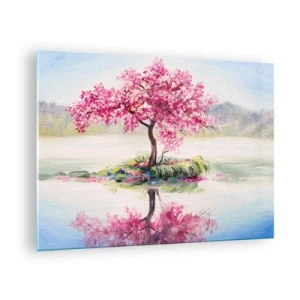 Obraz na szkle - Różowe drzewo na wyspie odbijające się w spokojnej wodzie - 70x50cm - Święto wiosny - Nowoczesna dekoracja ścienna do salonu i sypialni ARTTOR