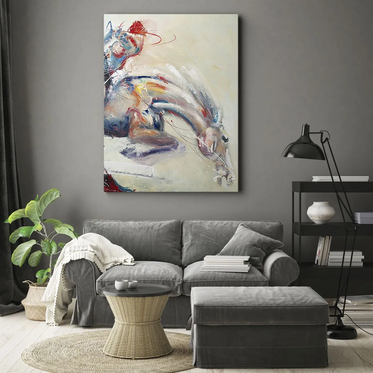 Obraz na płótnie - Abstrakcyjny obraz konia w dynamicznej formie - 50x70cm - Trzymaj się, lecimy - Nowoczesna dekoracja ścienna do salonu, kuchni i sypialni ARTTOR